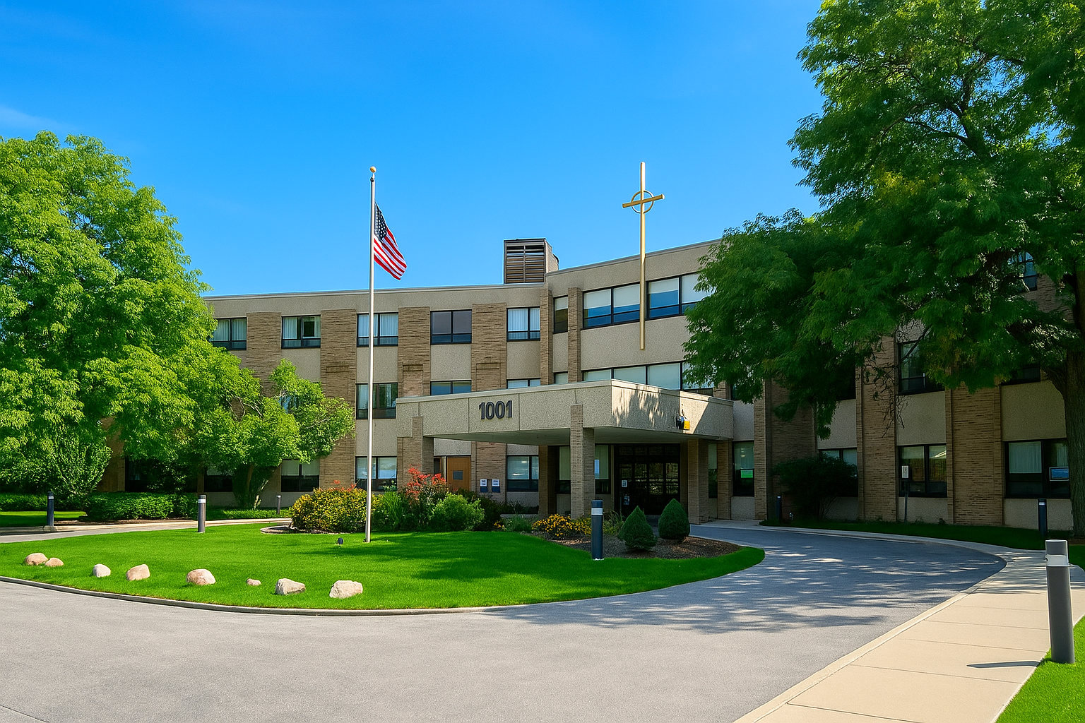The image shows the exterior of a modern multi-story building with the address number 1001, surrounded by green trees and a well-maintained lawn. An American flag and a Christian cross are mounted on poles in front of the building. The sky is clear and blue.